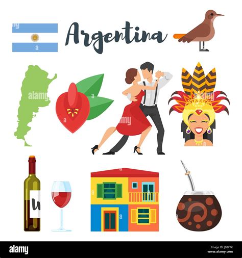 Vector Flat Style Set Of Argentina National Cultural Symbols Icon For