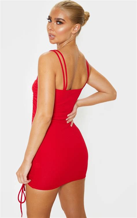 Red Ruched Front Strappy Bodycon Dress Bodycon Dress Little Red Dress Bodycon