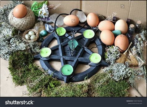 Beautiful Wiccan Altar Ostara Sabbath Made Stock Photo 1920190256