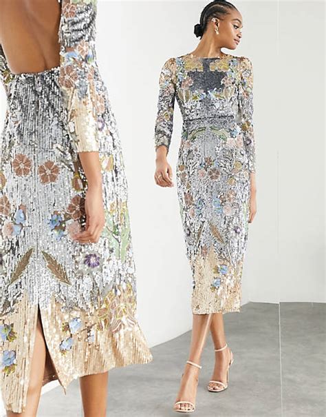 Asos Edition Sequin And Floral Placement Midi Dress Asos