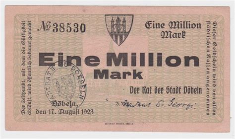 Deutschsprachige wörterbücher kennen auch mill. Eine Million Mark Banknote Stadt Döbeln 17.August 1923 ...