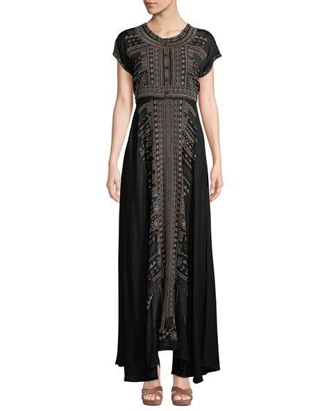 Johnny Was Effy Short Sleeve Ikat Embroidered Stretch Challis Maxi Dress Neiman Marcus