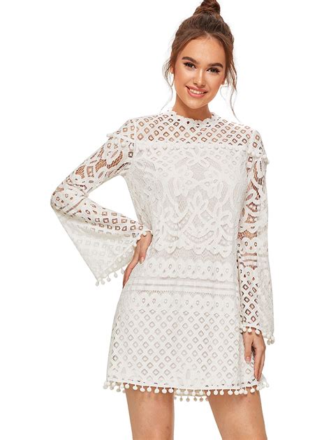 Buy Shein Womens Crochet Pom Pom Sheer Lace Bell Sleeve Dress Medium