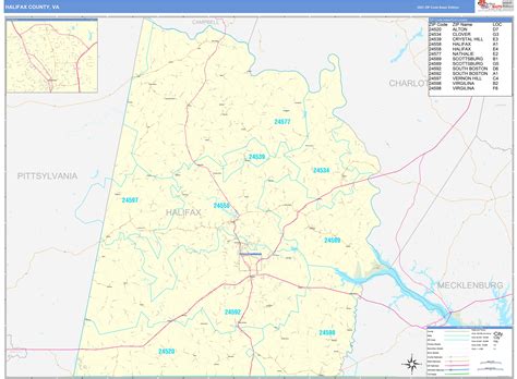 Halifax County, VA Zip Code Wall Map Basic Style by MarketMAPS