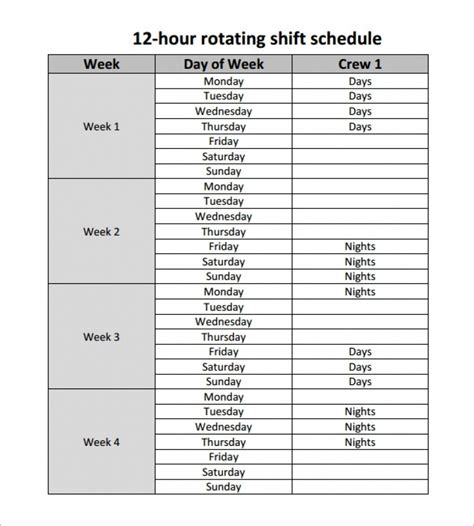 12 Hour Shift Calendar Templates