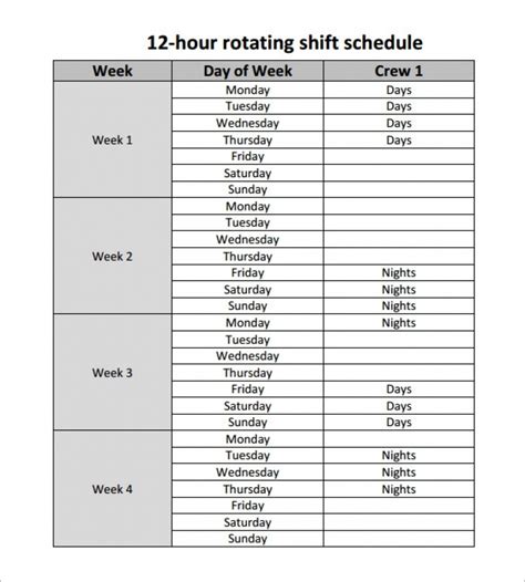 12 Hour Shift Calendar Templates