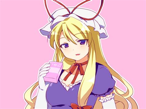 Safebooru Adaajt Blonde Hair Bow Breasts Bust Cleavage Drink Elbow Gloves Face Gloves Hair Bow