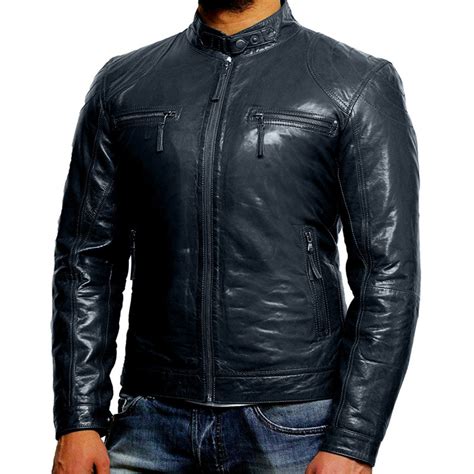 Mens Navy Stylish Lambskin Real Biker Leather Jacket