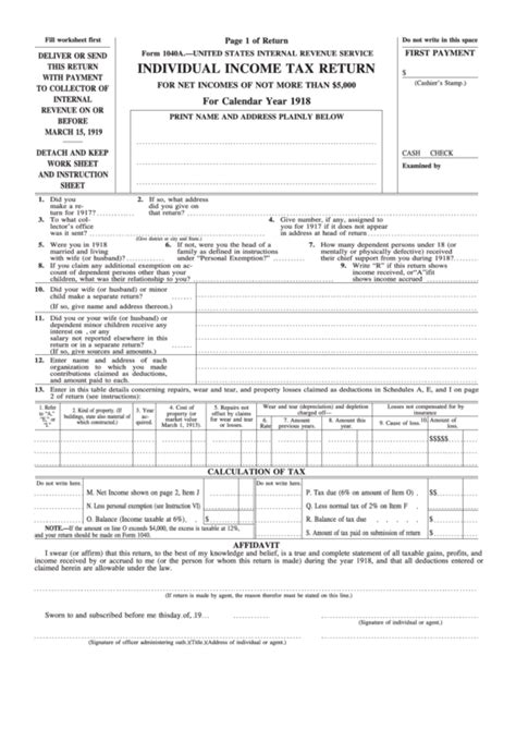 Form 1040a Individual Income Tax Return 1918 Printable Pdf Download