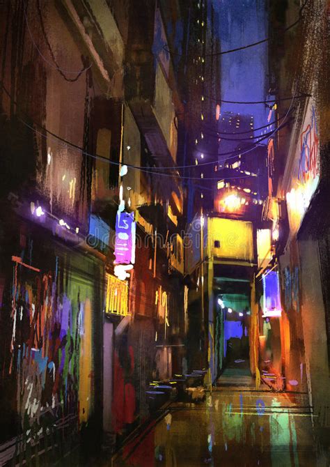 Painting Of Dark Alley At Night Stock Illustration