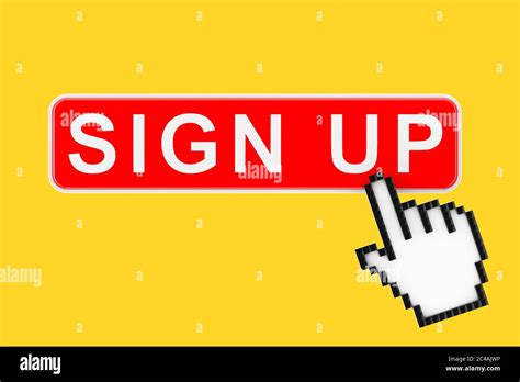 Sign Up Button With Pixel Icon Hand On A Yellow Background 3d