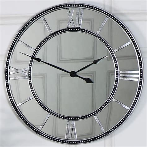 Large Silver Mirror Skeleton Style Wall Clock Shabby Vintage Chic Roman