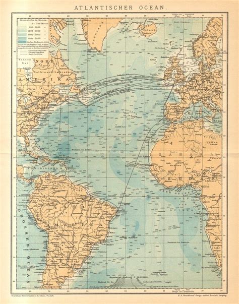 1894 Original Antique Map Of Atlantic Ocean Etsy Antique Map Ocean