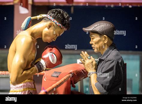 Coach And Muay Thai Fighter Through Pre Fight Ritual Bangkok Thailand