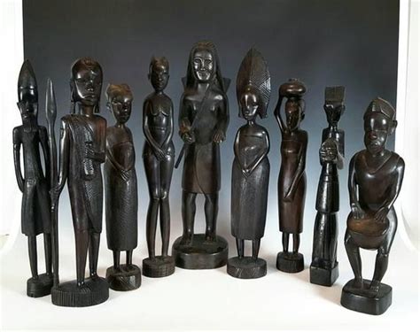 Set Of 9 Vintage African Carved Ebony Wood Figurines Sculptures Besmo