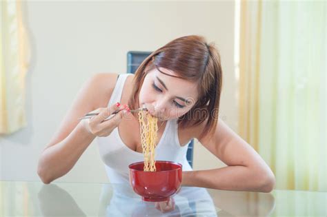 Young Girl Eating Ramen Noodles Stock Image Image Of Beauty Model