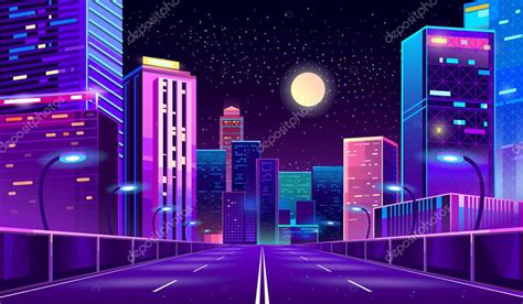 Vector Background With Night City In Neon Lights — Stock Vector