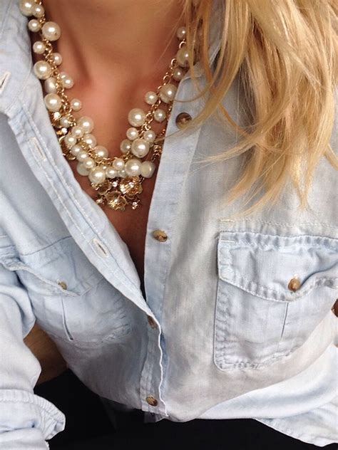 Light Chambray Denim Shirt And Layered Gold Pearl Necklace Pearl