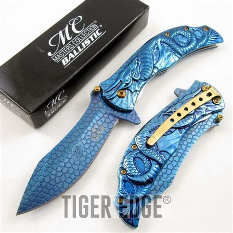 Fantasy Dragon Scale Blade Blue Iridescent Spring Assisted Folding Knife