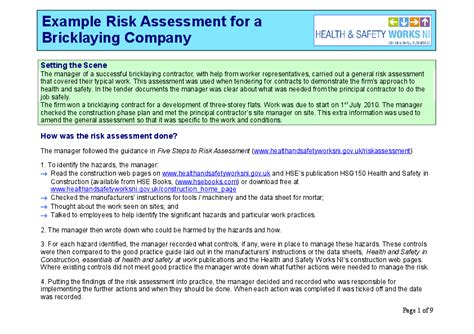 Doc Example Risk Assessment For A Bricklaying Company Updated 20 11