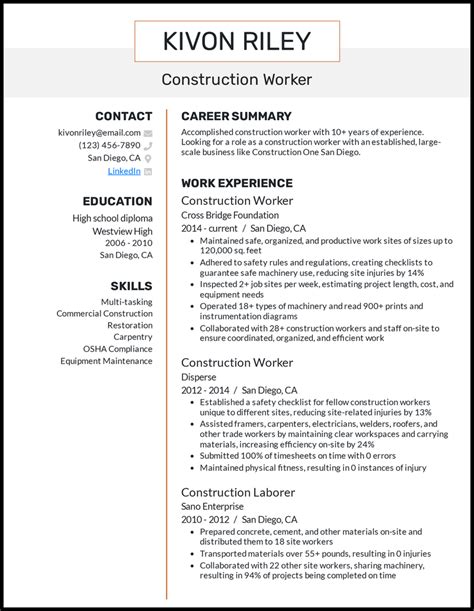 Resume Samples For Construction Workers Carefulthief
