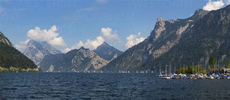 Austria Upper Austria Ebensee Panorama Of Traunsee Lake With Boats