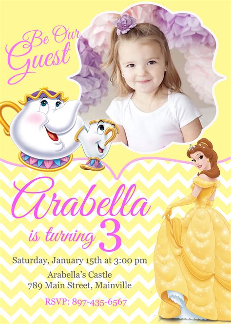 Belle Beauty And The Beast Princess Belle Birthday Party Invitation