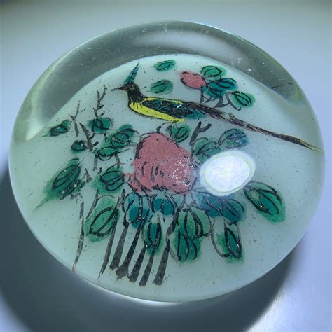 Early Chinese Art Glass Paperweight Hand Painted Black Crested Bulbul