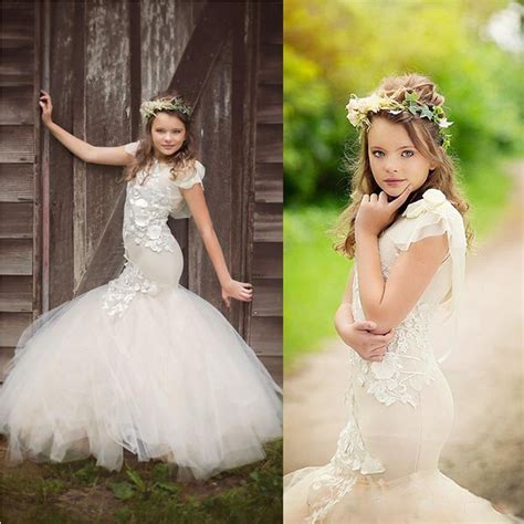 2017 Mermaid Flower Girls Dresses For Weddings Jewel Cap Sleeve Appliques Long Girls Pageant