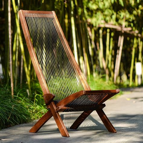 Resenkos Outdoor Acacia Wood Reclining Chair High Back Roping