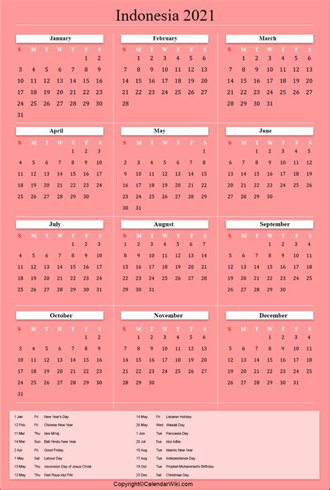 Printable Indonesia Calendar 2021 With Holidays Public Holidays