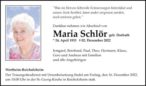 Traueranzeigen von Maria Schlör Trauerportal Ihrer Tageszeitung