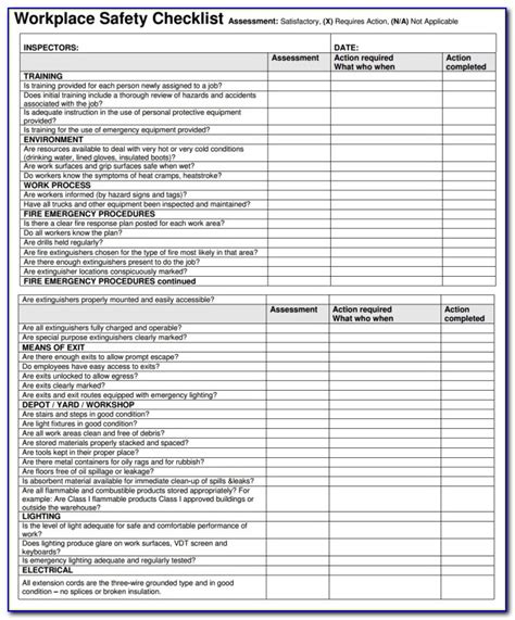 Workplace Safety Inspection Checklist Template Excel Sample Excel The