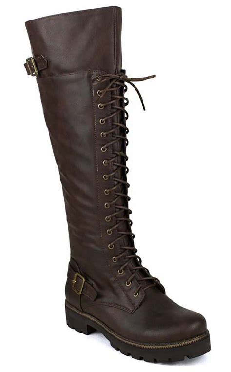 brown buckled combat lace up lug sole knee high vegan leather boots boots vegan leather boots