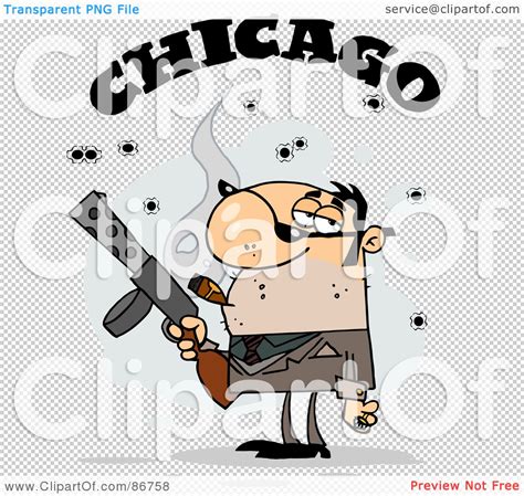 royalty free rf clipart illustration of the word chicago over a cigar smoking mobster holding