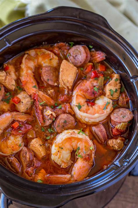 Slow Cooker Jambalaya With Andouille Sausage Chicken And Shrimp Cooked