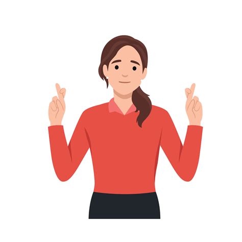 Feeling Hope With Crossed Fingers Concept Young Positive Woman Cartoon