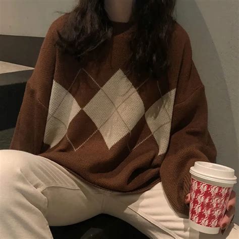 knitted sweater women oversized argyle sweater pullovers winter loose sweater korean college