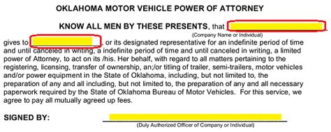 Free Oklahoma Motor Vehicle Power Of Attorney Form Pdf Eforms