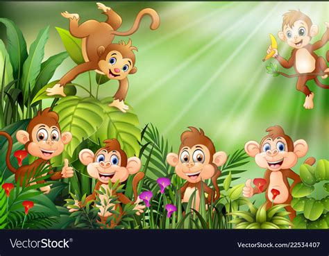 Nature Scene With Group Of Monkey Cartoon Vector Image