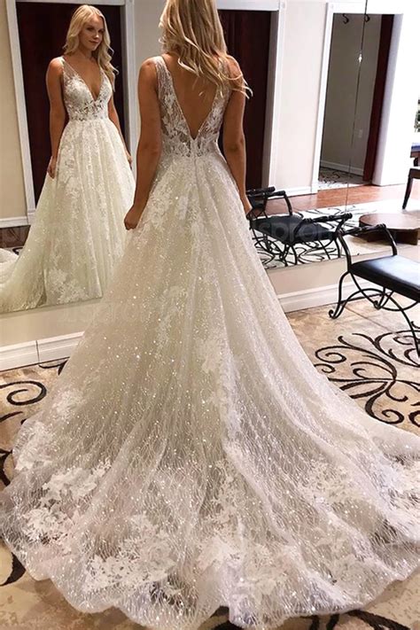 Ls0562luxurious Ball Gown V Neck Open Back Ivory Lace Wedding Dresses