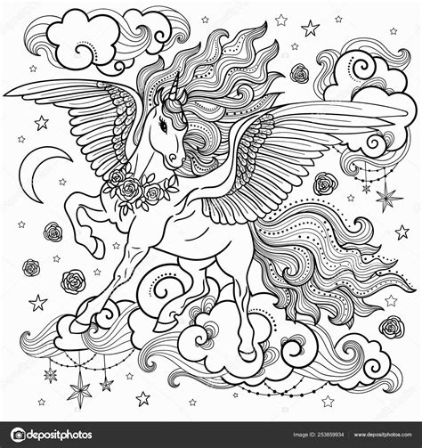 Hermoso unicornio con una melena larga. Blanco y negro. Para colorear