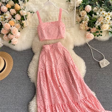 New Pink Cotton Lace Two Piece Summer Set Maxi Skirt And Crop Top
