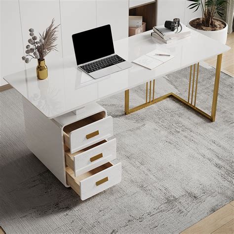 63 Modern White Office Desk With Side Cabinet And Drawer In Gold Base