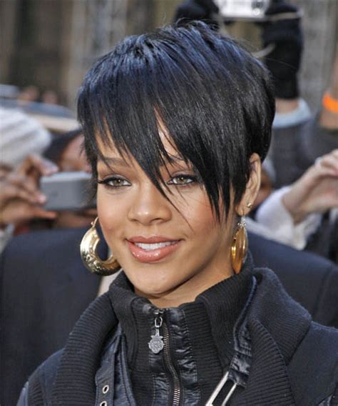 Rihanna Short Black Hairstyle With Wispy Side Swept Bangs