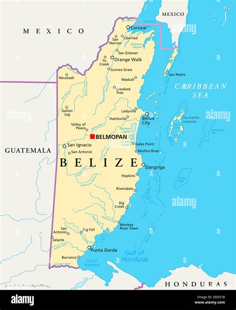 Political Map Of Belize With Capital Belmopan National Borders Stock