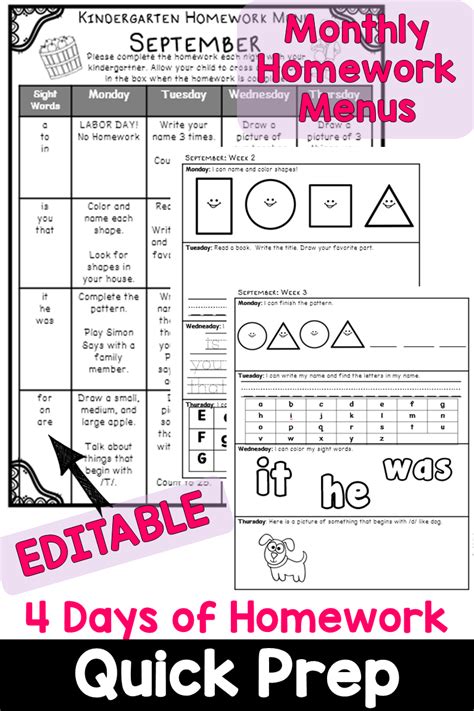 Editable Kindergarten Monthly Homework Menus Simple To Prep Monthly