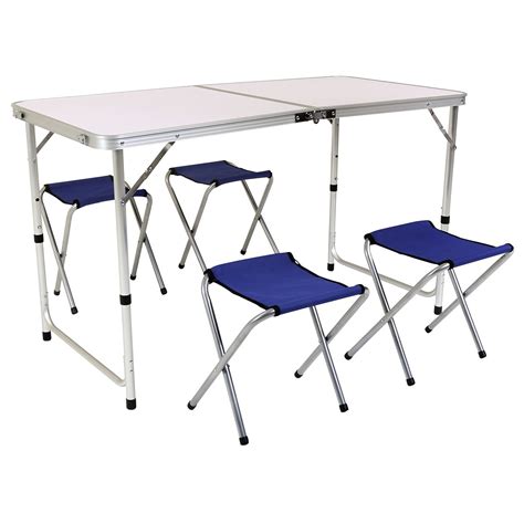 This portable folding chair set features a sturdy and highly durable yet lightweight steel frame and is equipped with lock catch device for outdoor camping trip. Folding Camping Table and Four Chairs - savvysurf.co.uk