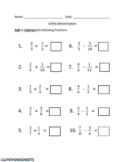 Adding Fractions With Unlike Denominators Worksheets 99worksheets