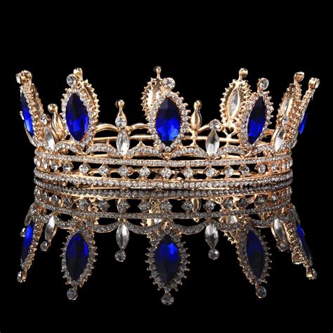 Sparkling Gold Plated Blue Crystal Full Round Tiaras For Hair Acessory